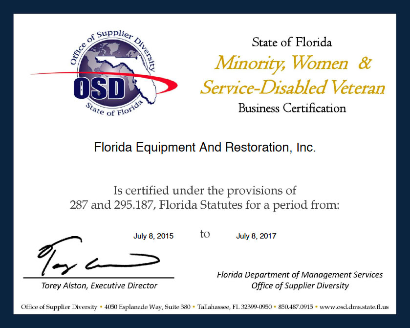 Florida Equipment Restoration CertificationWomen Owned Business